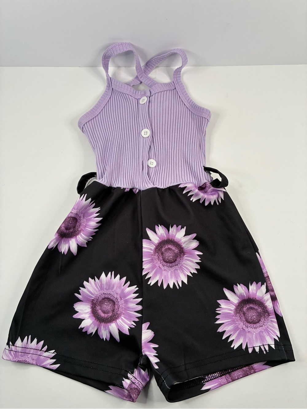 SHEIN Lavender Ribbed Sunflower Romper with Black Floral Shorts